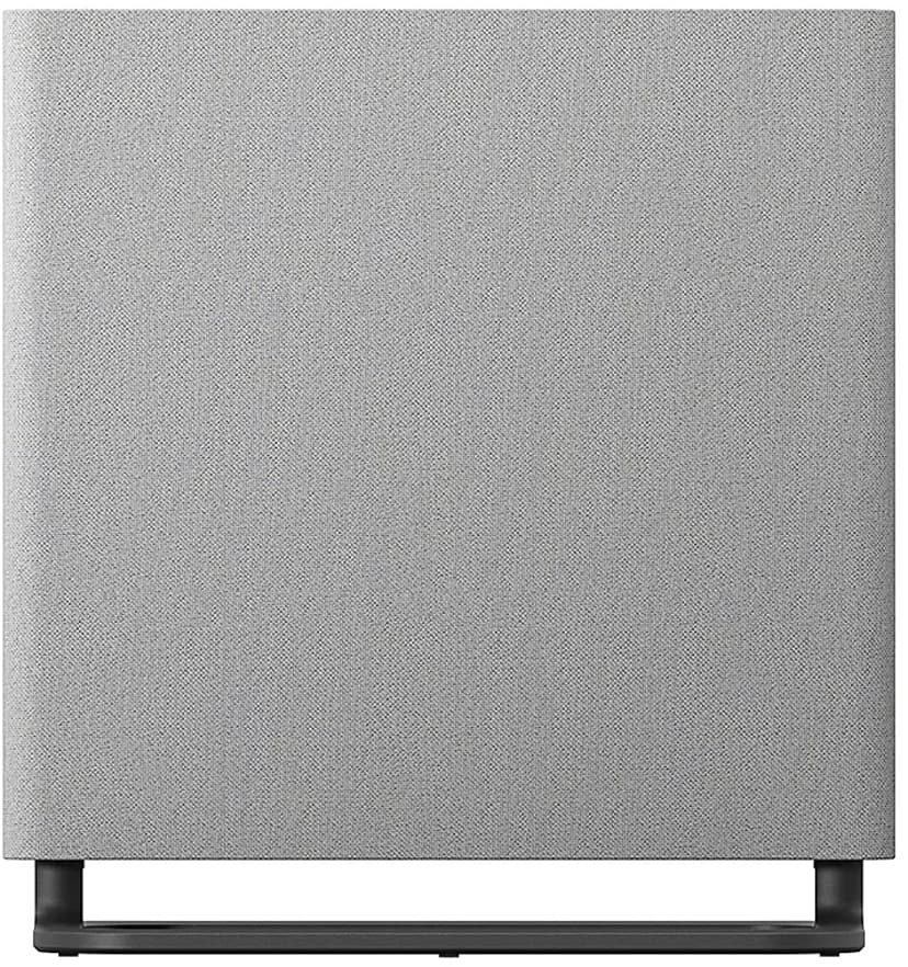 En grå högtalare med en enkel design på en svart bas.