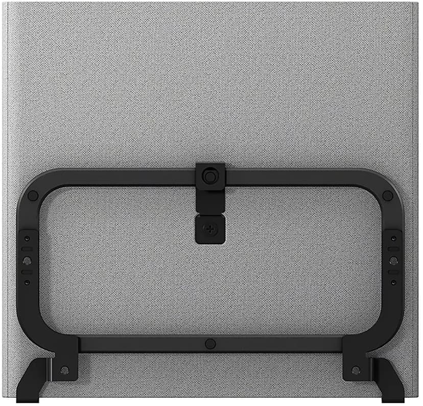 En grå högtalare med en svart fästanordning på baksidan.