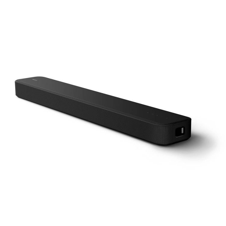 En svart, avlång soundbar med minimalistisk design och kontroller på framsidan.