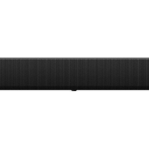 Svart soundbar med perforerad front och minimalistisk design.