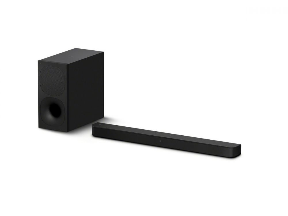 En svart soundbar med trådlös subwoofer. Elegant och kompakt design.