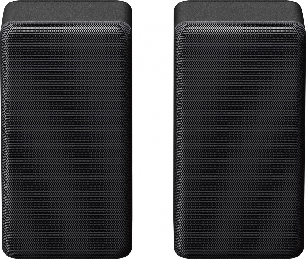 Trådlösa surroundhögtalare i svart, kompakt design med perforerat frontgaller.