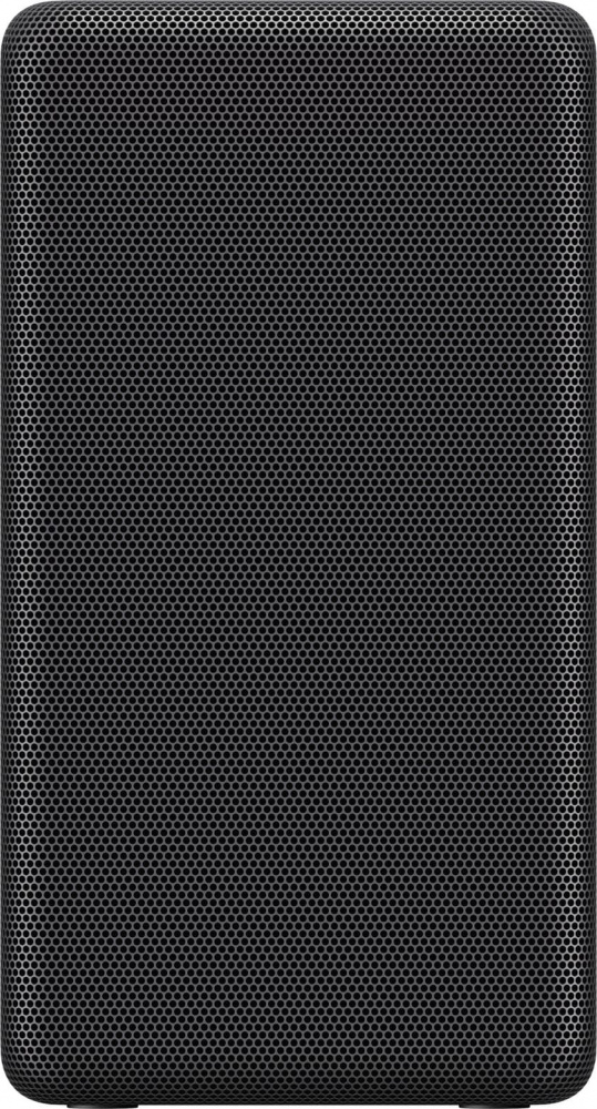 Svart trådlös surroundhögtalare med nätad yta.