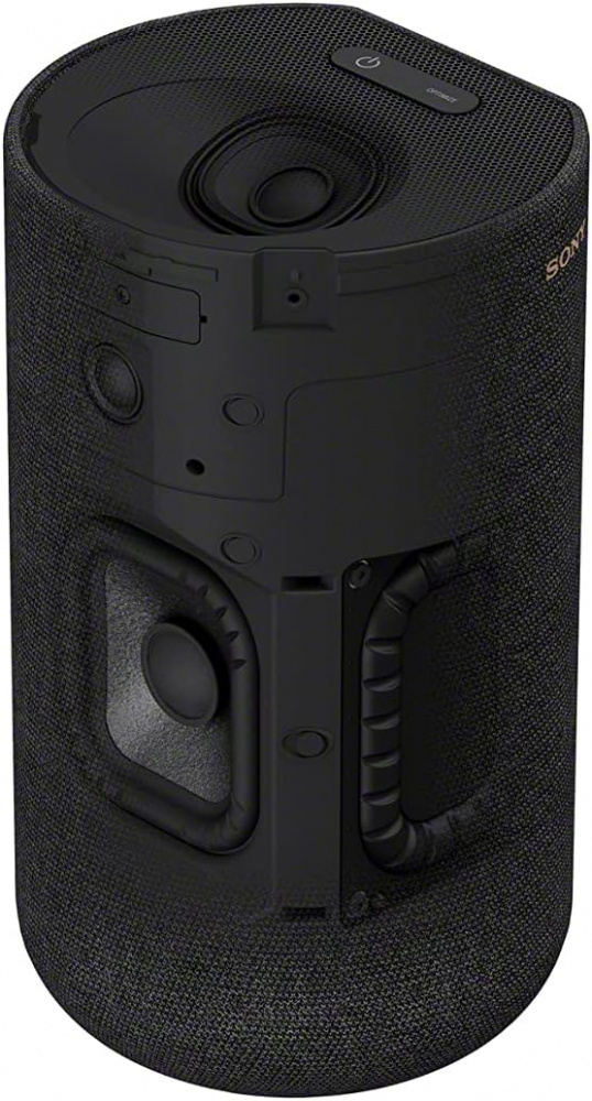 Trådlös svart surroundhögtalare i cylindrisk form med kontrollknappar.