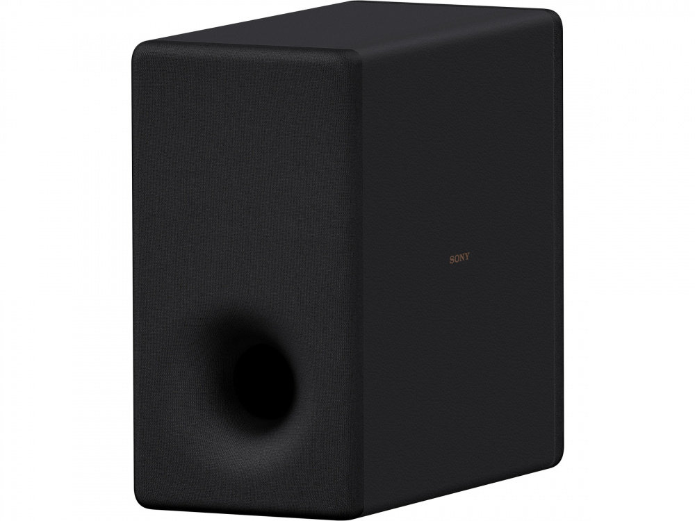 En svart, fyrkantig subwoofer med en rund basport fram.