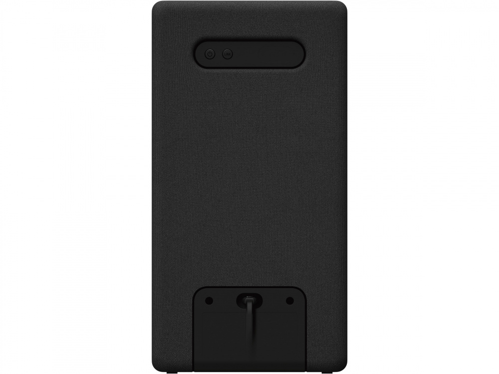 Svart aktiv trådlös subwoofer med slät yta och enhet på baksidan.