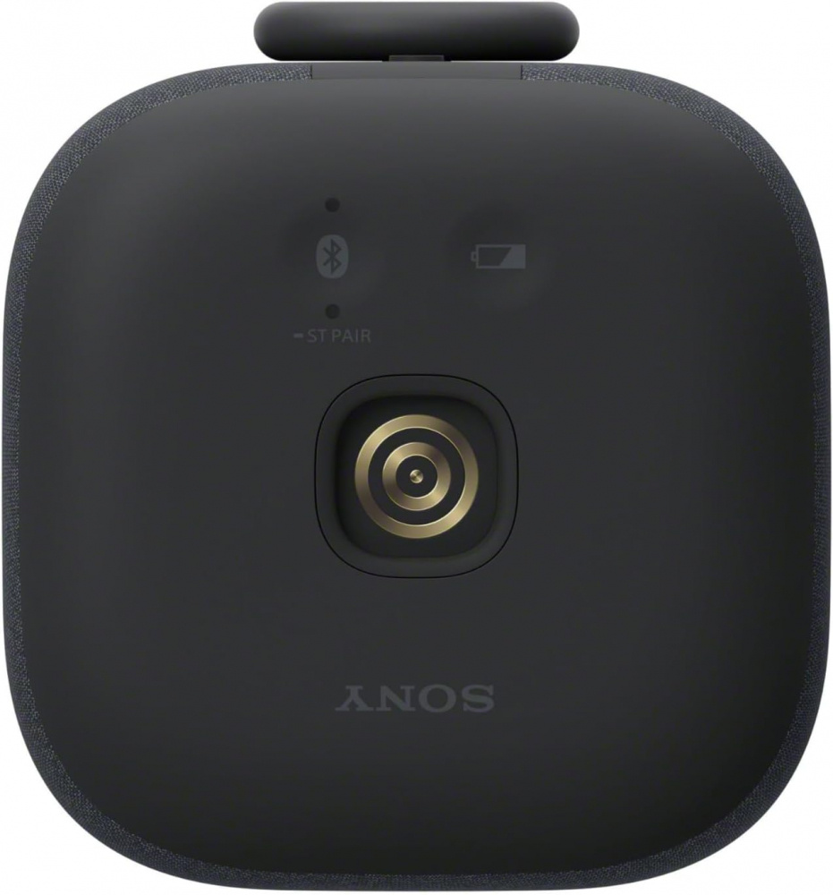 En svart trådlös bärbar högtalare med Bluetooth och indikatorlampor.