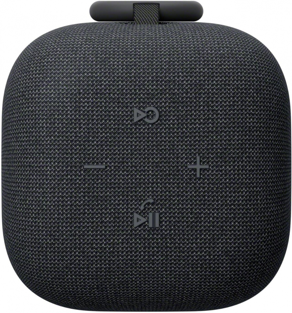 En svart, trådlös bärbar högtalare med knappar för volym och uppspelning.