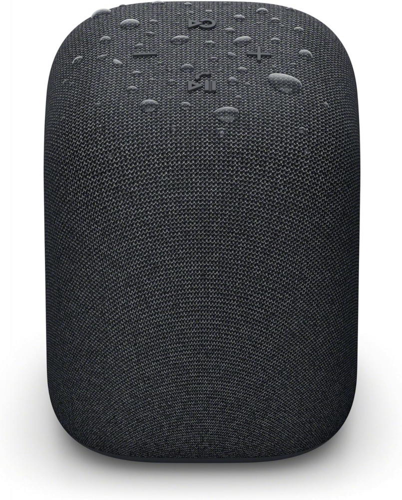 En svart, trådlös bärbar högtalare med textur och vattendroppar.