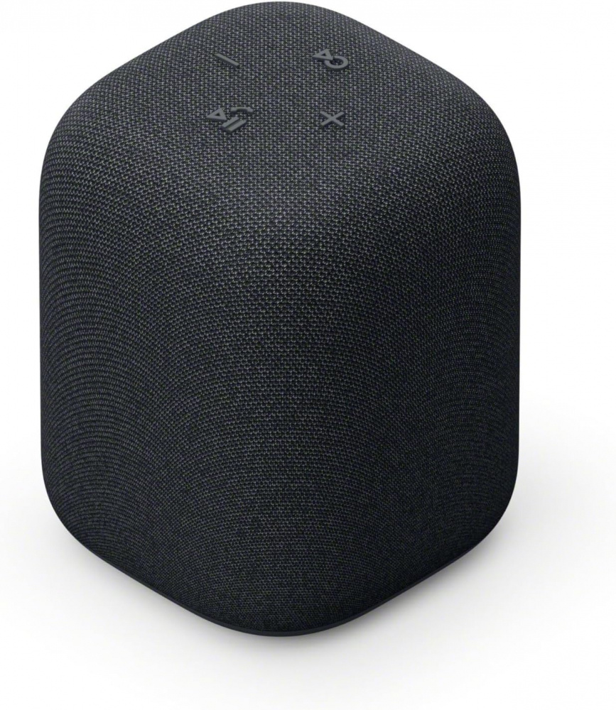 En svart, trådlös bärbar högtalare med rundade hörn och kontroller på framsidan.
