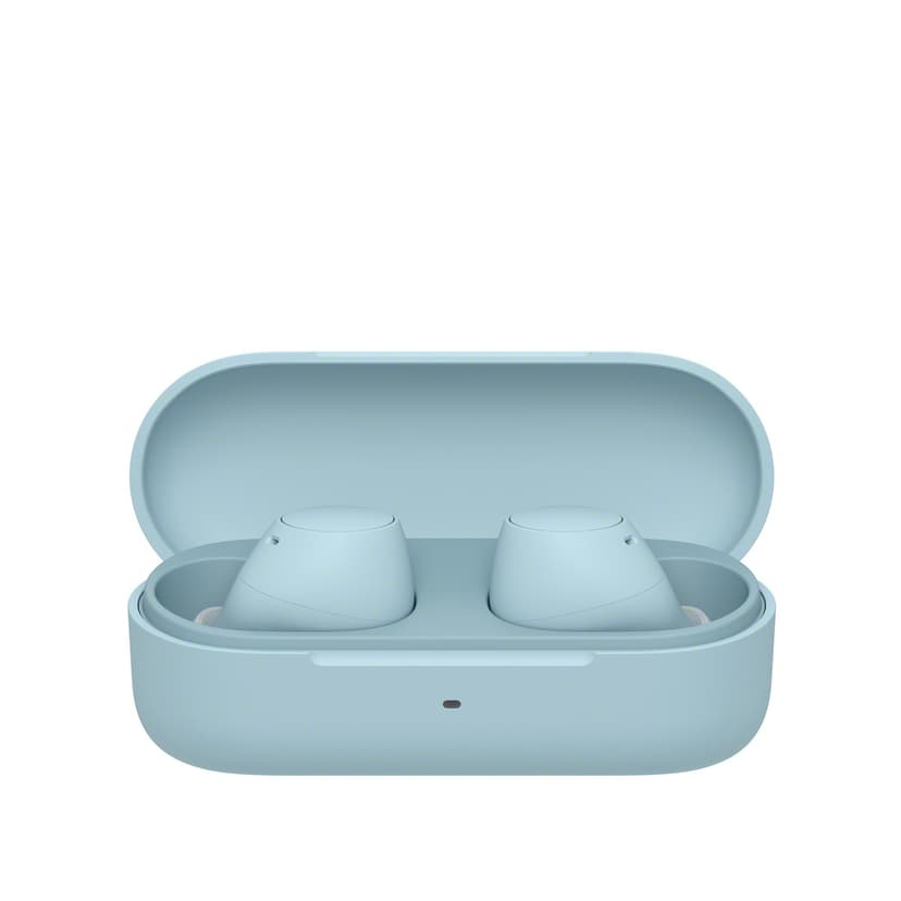 Ett par blå true wireless-hörlurar i en laddningsetui.