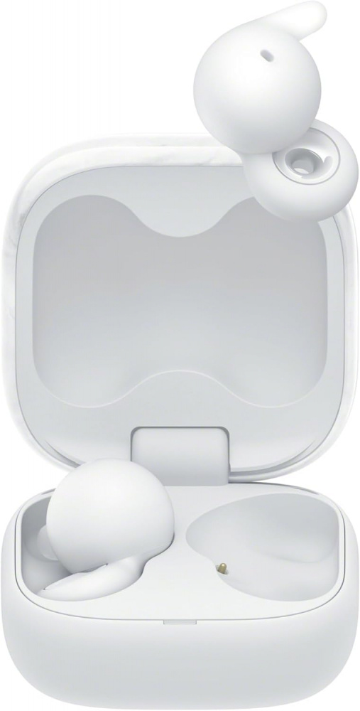 Två vita trådlösa hörlurar i ett fodral.