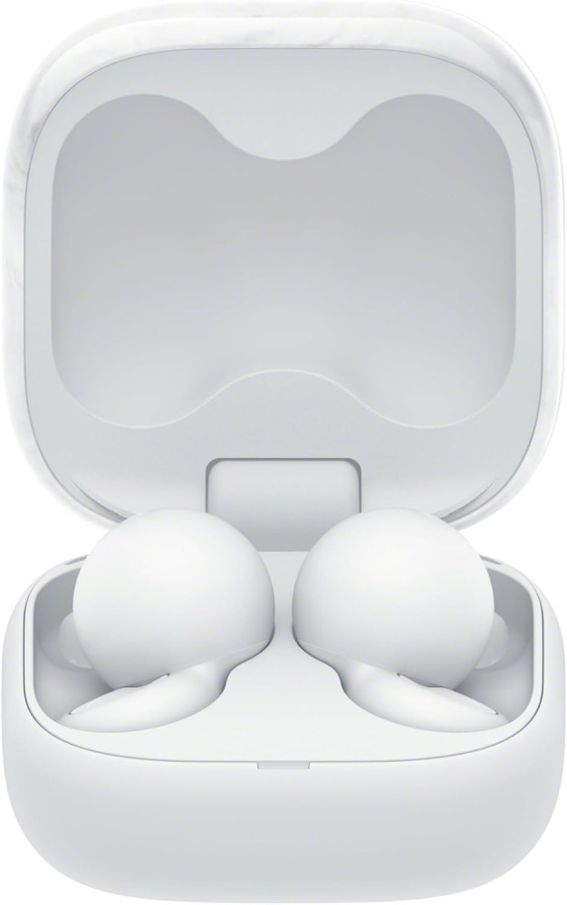 Vita trådlösa hörlurar i ett kompakt etui.