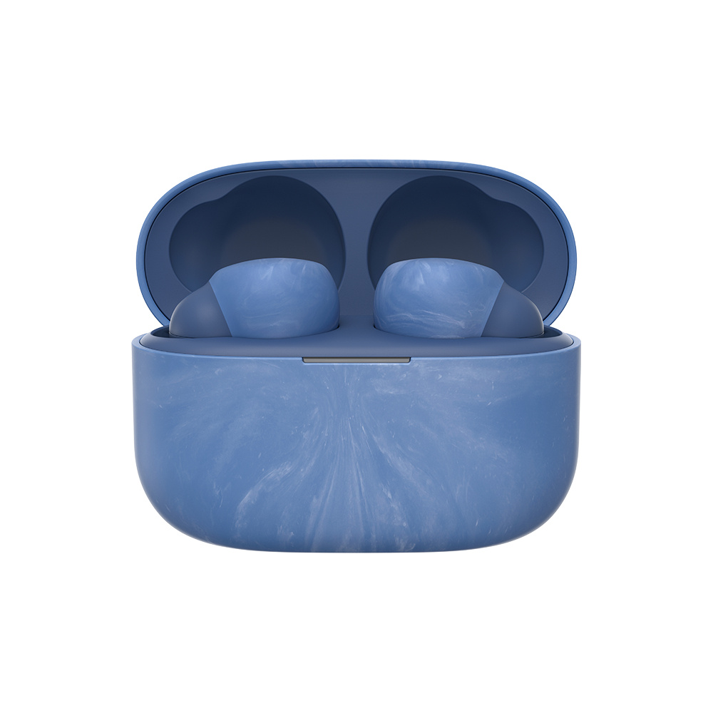 Trådlösa hörlurar i blått med laddetui.