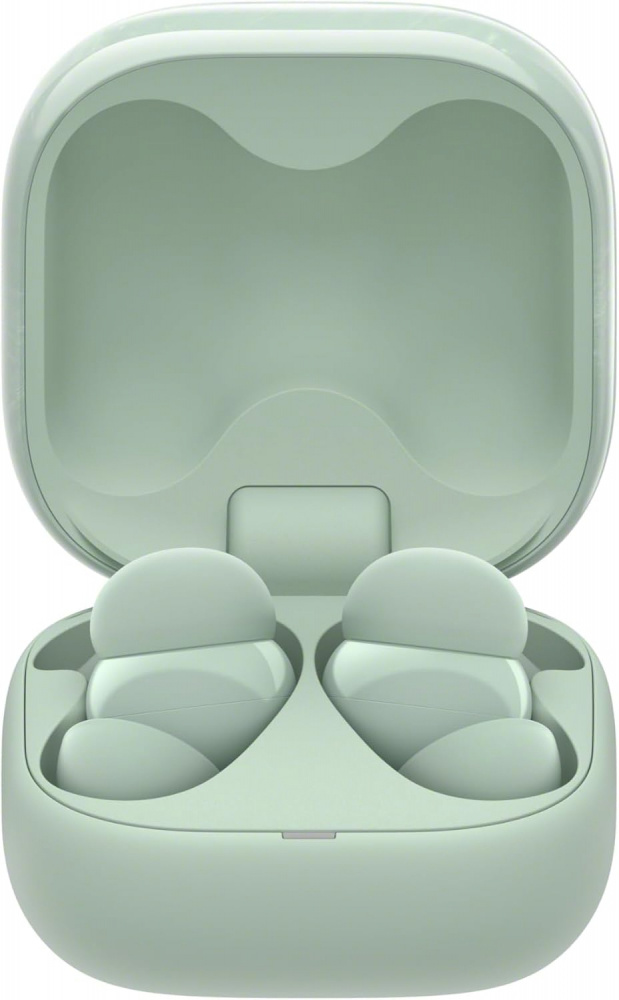 Gröna trådlösa hörlurar med ett etui som har en rundad design.
