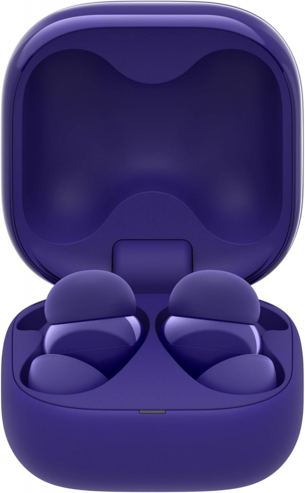 Lila trådlösa hörlurar i etui.