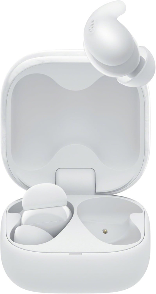 Trådlösa hörlurar i vitt med vidvinkelformat etui.