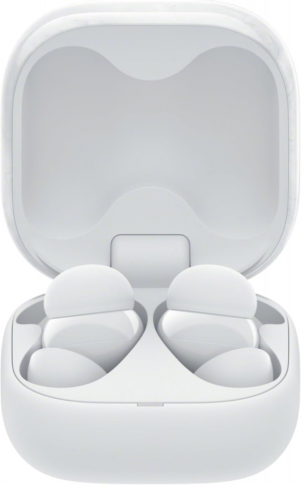 Vita True Wireless-hörlurar i ett kompakt laddetui.