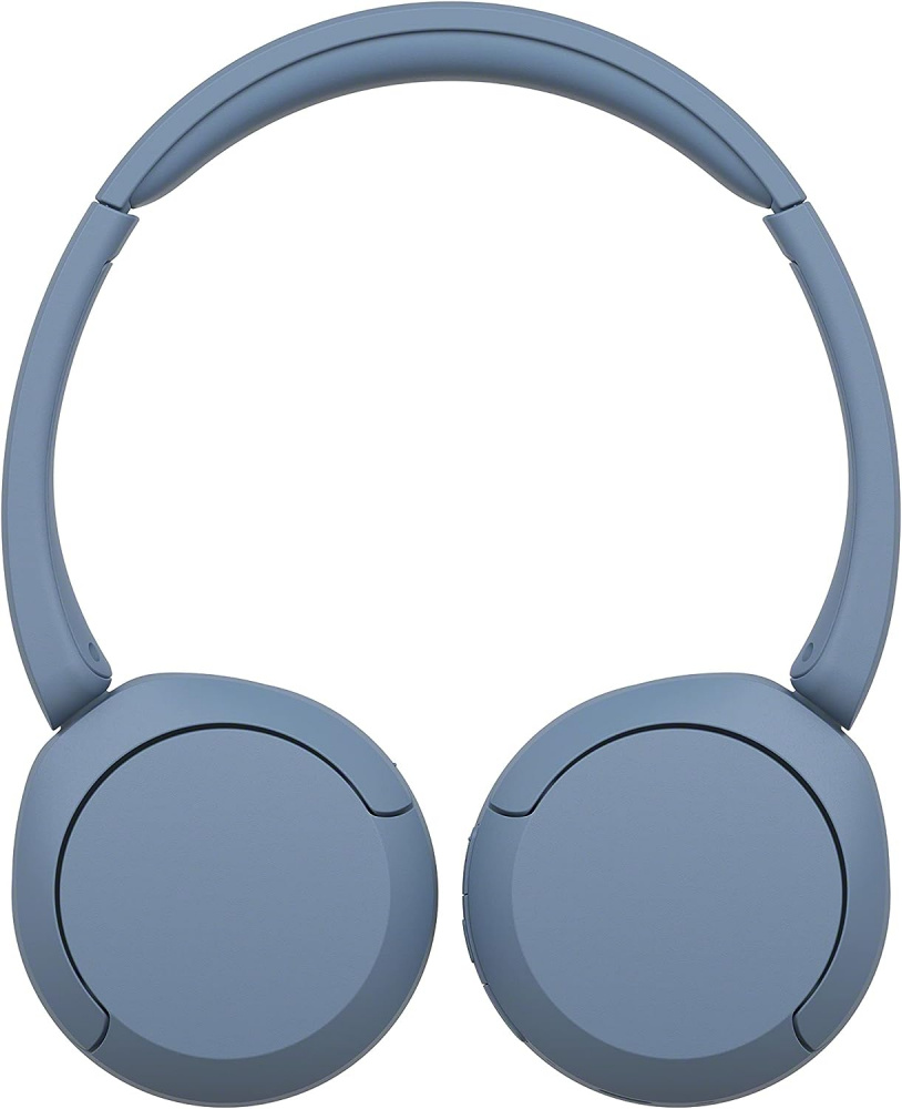 Trådlösa blå hörlurar med on-ear-design.