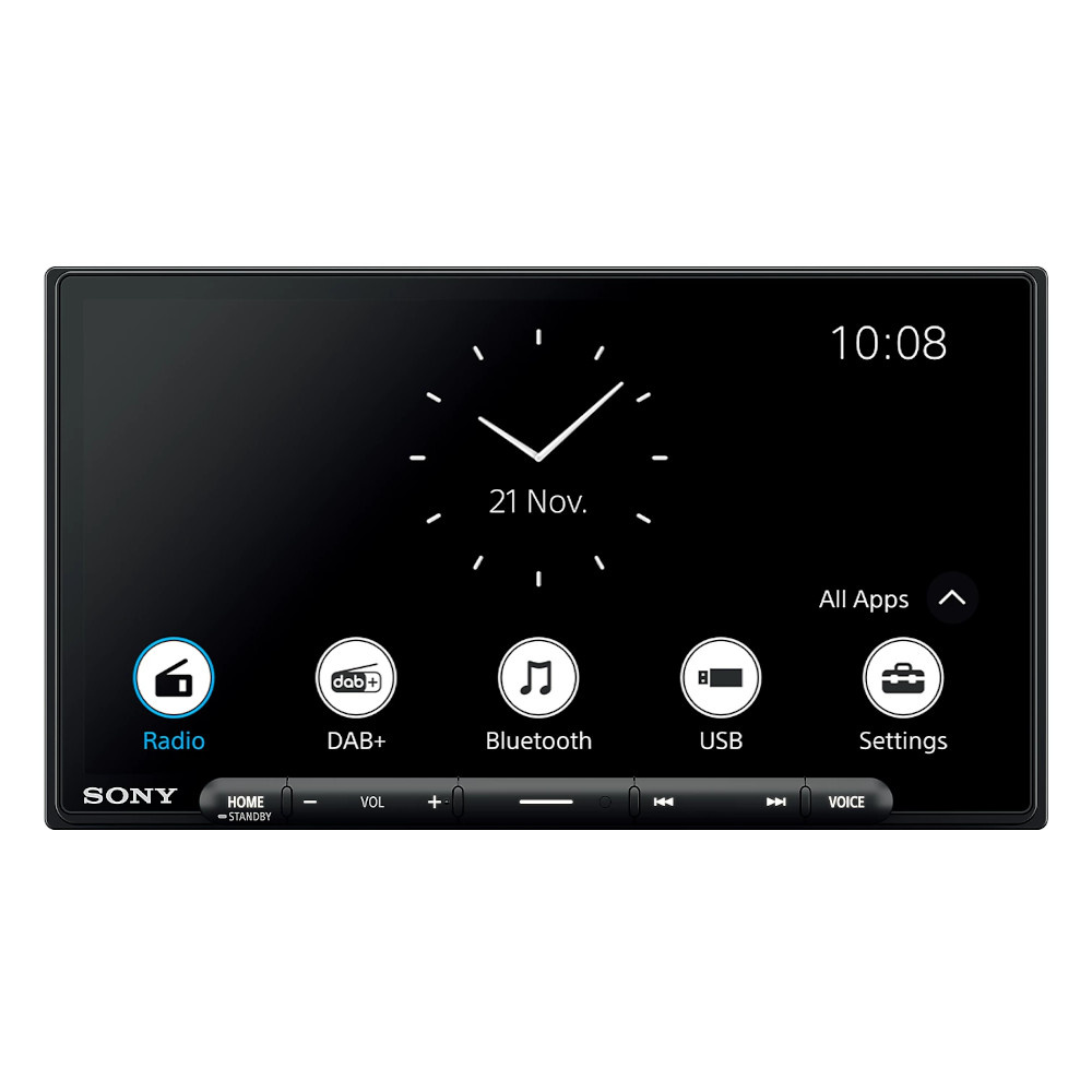 En bilstereo med pekskärm, klocka och ikoner för olika funktioner.