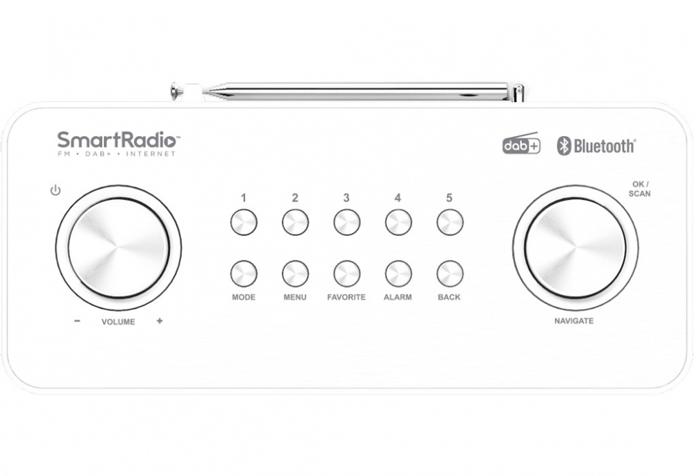 Vit radio med kontroller för volym, kanaler och funktioner. Wi-Fi och Bluetooth-stöd.