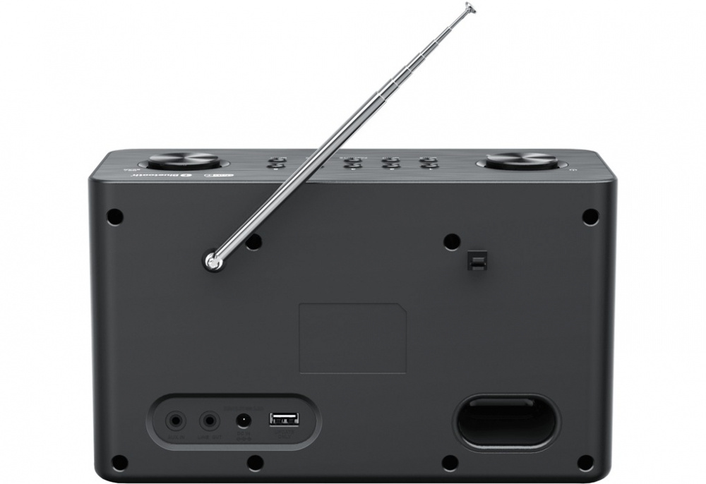 Svart kompakt radio med DAB+, Bluetooth och teleskopantenn.