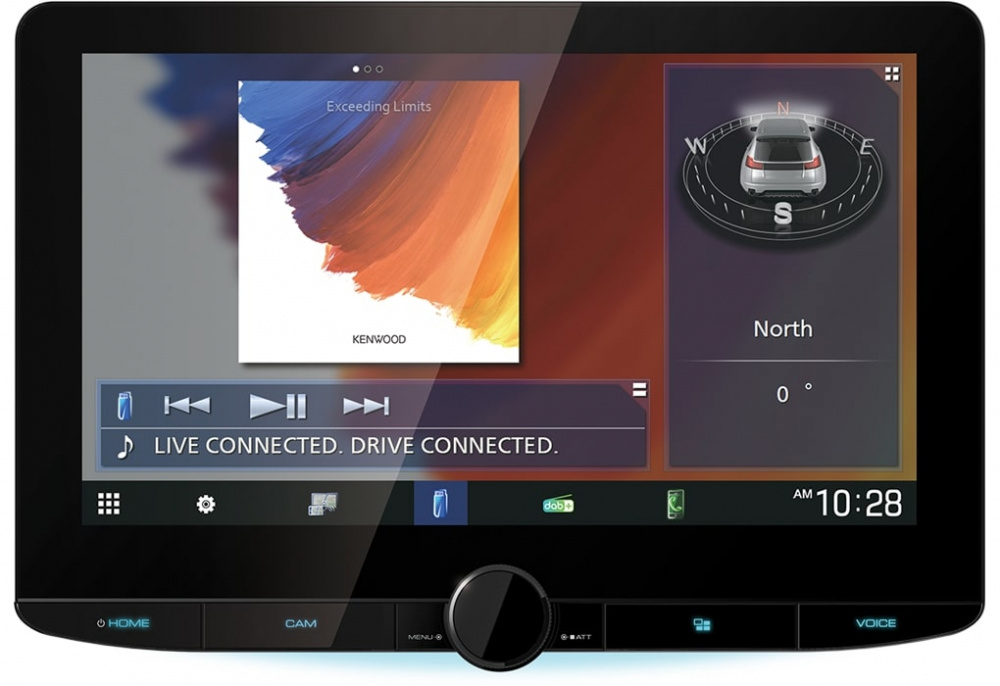 Bilskärm med musikspelare, navigering och anslutning för Android Auto och CarPlay.