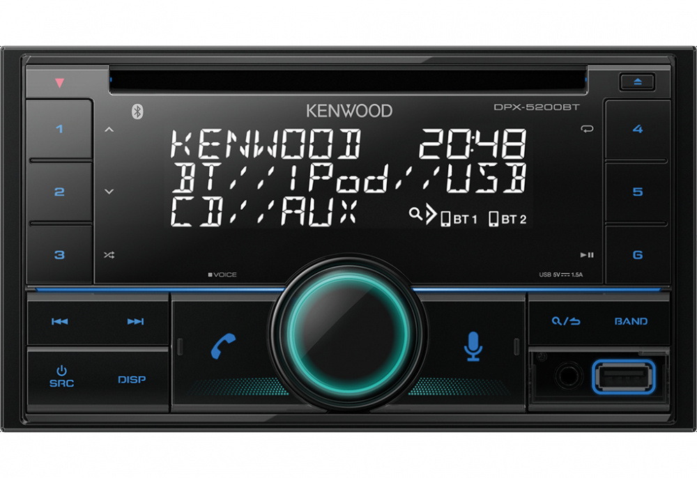 Bilstereo med Bluetooth, AUX, CD-spelare och digital display.