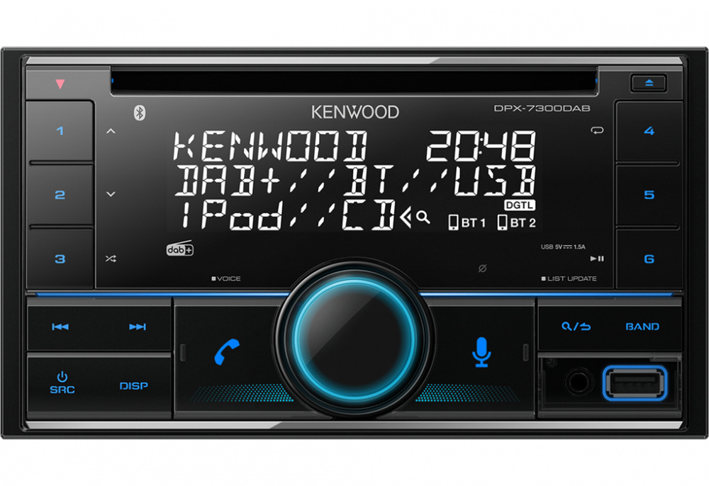 Bilstereo med skärm, knappar och Bluetooth-funktioner. Model: Kenwood DPX-7300DAB.