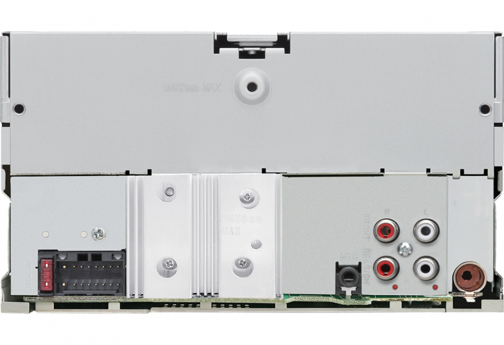 Baksidan av Kenwood DPX-M3300BT med anslutningar för ljud och ström.