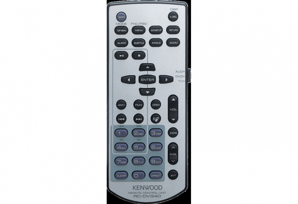 Fjärrkontroll med många knappar för ljud och video. Märke: Kenwood. Modell: KCA-RC DV340.