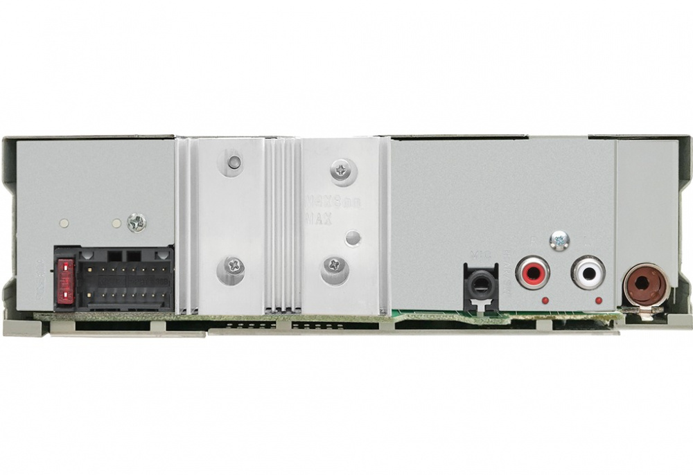 Baksidan av Kenwood KDC-BT460U med anslutningar för ljud och ström.