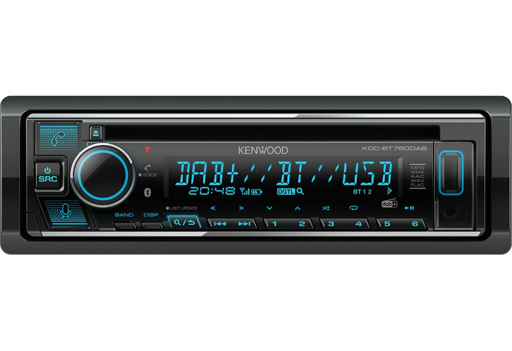 Bilstereo med Bluetooth och DAB+, tydlig display och knappar.