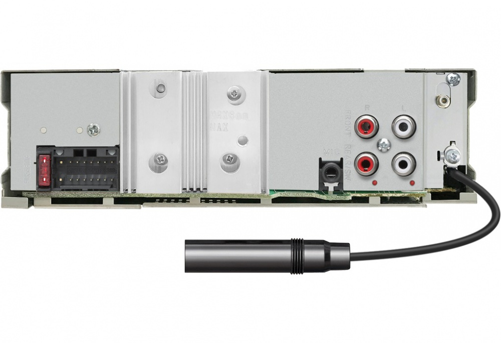 Baksidan av en bilstereo med flera anslutningar och portar.