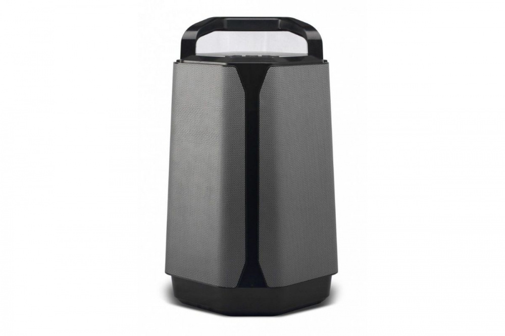 En stor, bärbar högtalare med en stilren design och handtag.