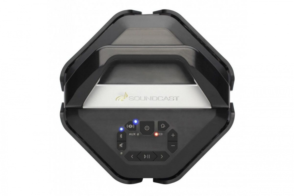 Högtalare med kontroller, framträdande logotyp, hexagonal form.