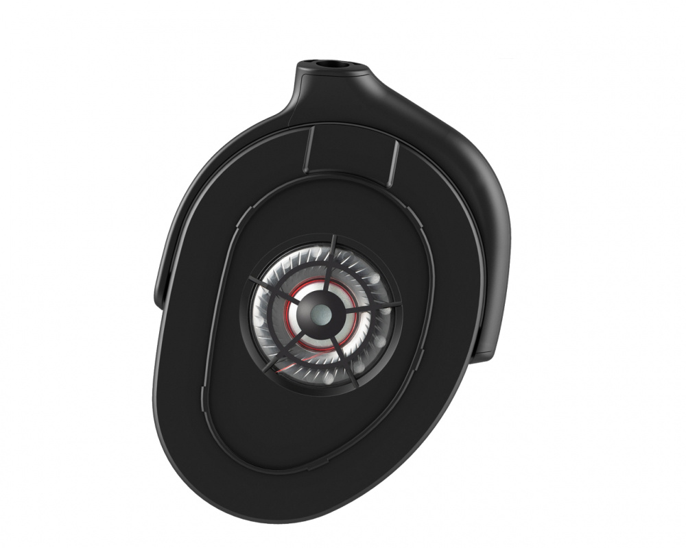 Svarta gaminghörlurar med en unik design och synlig högtalarelement.