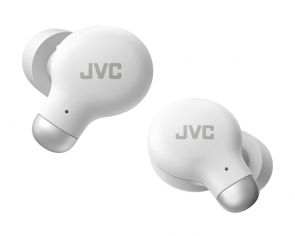 Trådlösa in-ear hörlurar i vitt med brusreducering och JVC-logotyp.