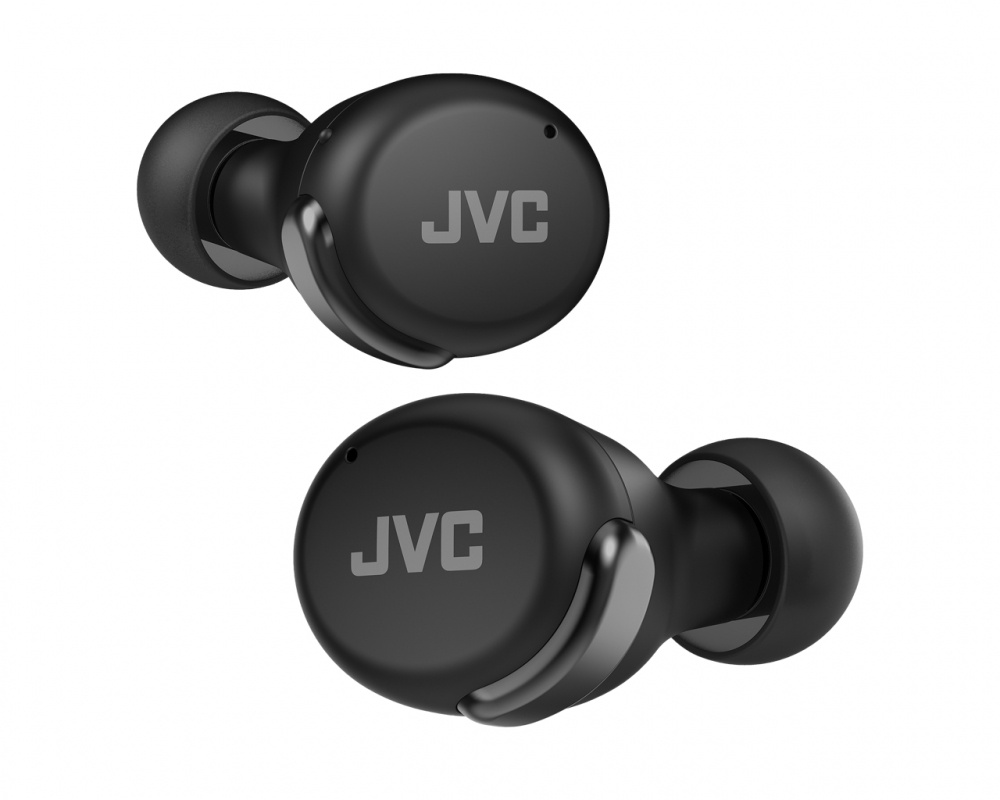 Trådlösa in-ear hörlurar i svart med brusreducering, märket JVC.