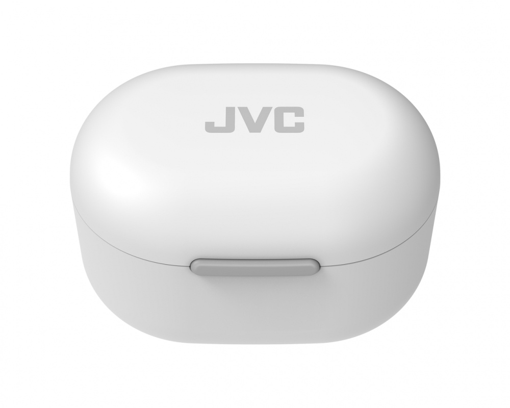 Vit laddningsetui för trådlösa in-ear hörlurar med JVC-logotyp.