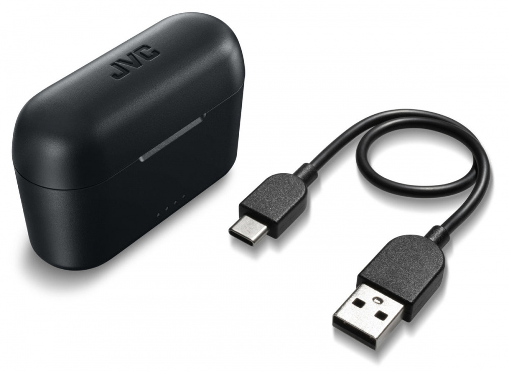 Svarta trådlösa in-ear hörlurar med laddningsfodral och USB-kabel.