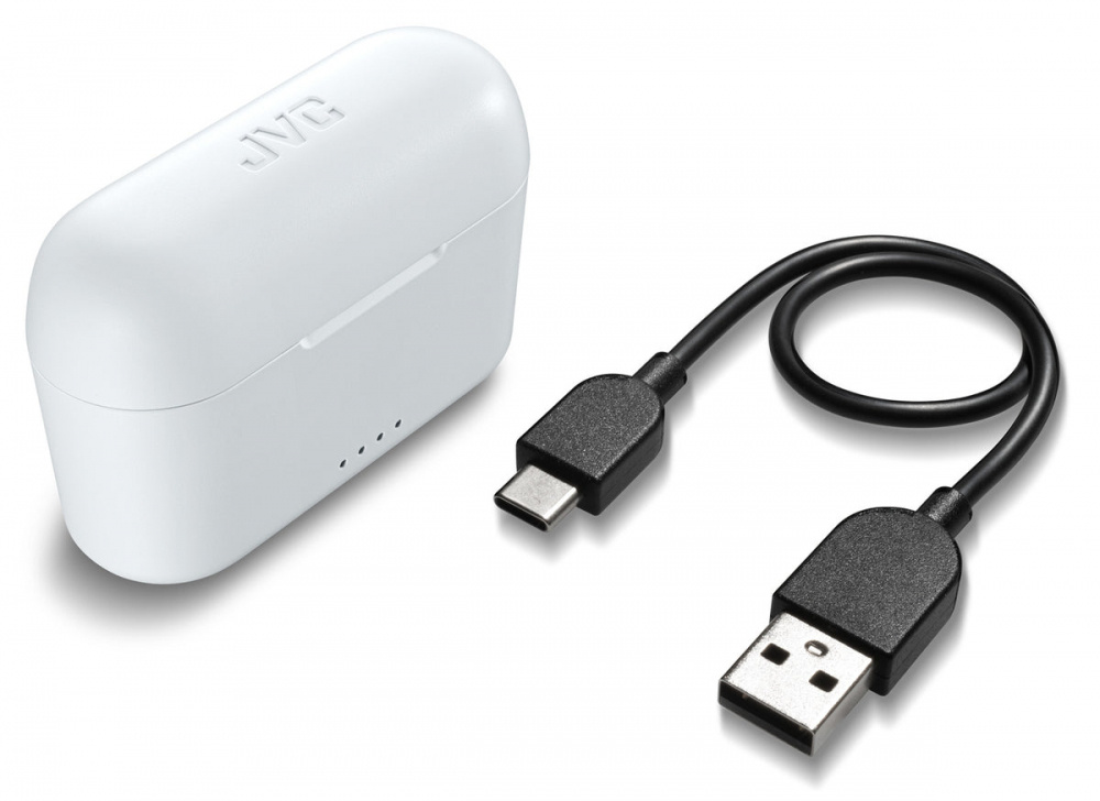 Trådlösa in-ear hörlurar i ett vitt fodral med en svart USB-kabel.