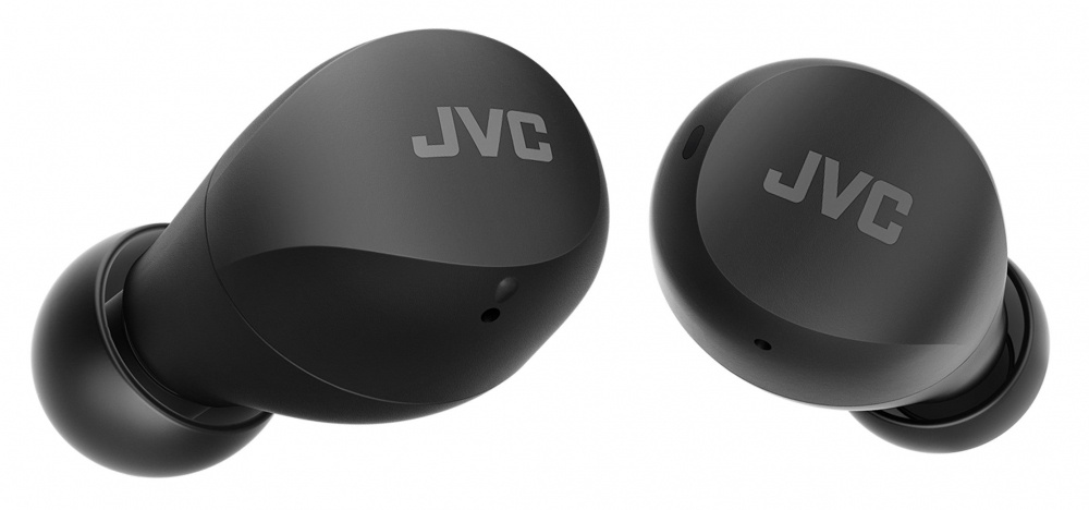 Trådlösa in-ear hörlurar i svart med JVC-logotyp.