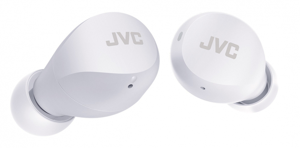 Trådlösa in-ear hörlurar i vitt med JVC-logotyp.