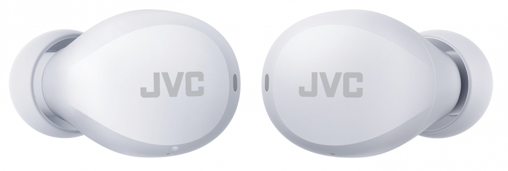 Trådlösa in-ear hörlurar i vit färg med JVC-logotyp.