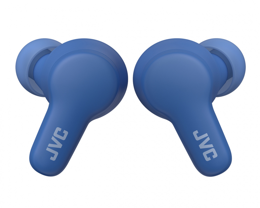 Trådlösa in-ear hörlurar i blått med JVC-logotyp.