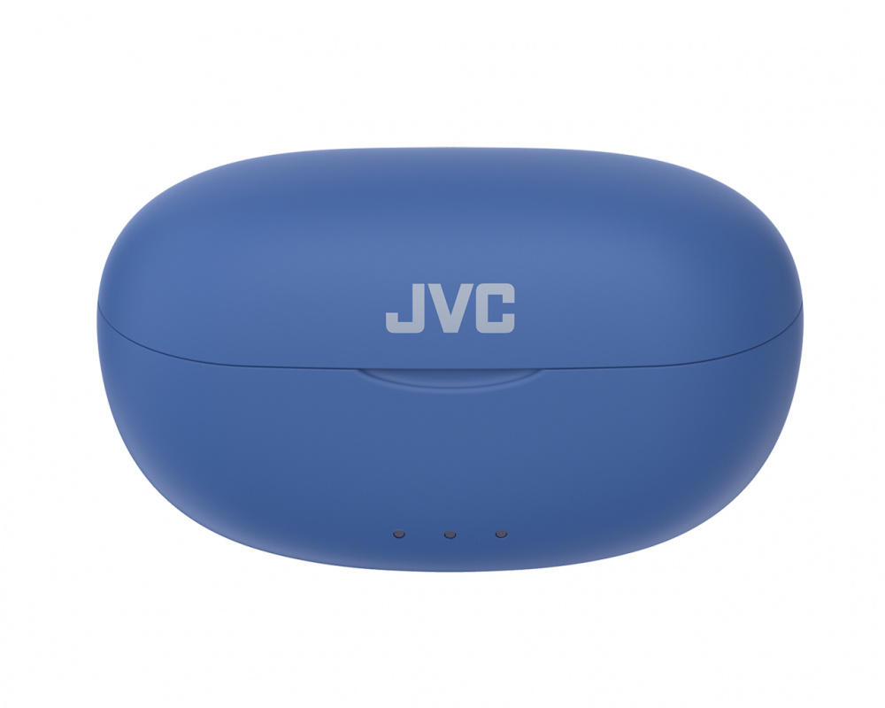 Trådlösa in-ear hörlurar i blått med ett JVC-fodral.