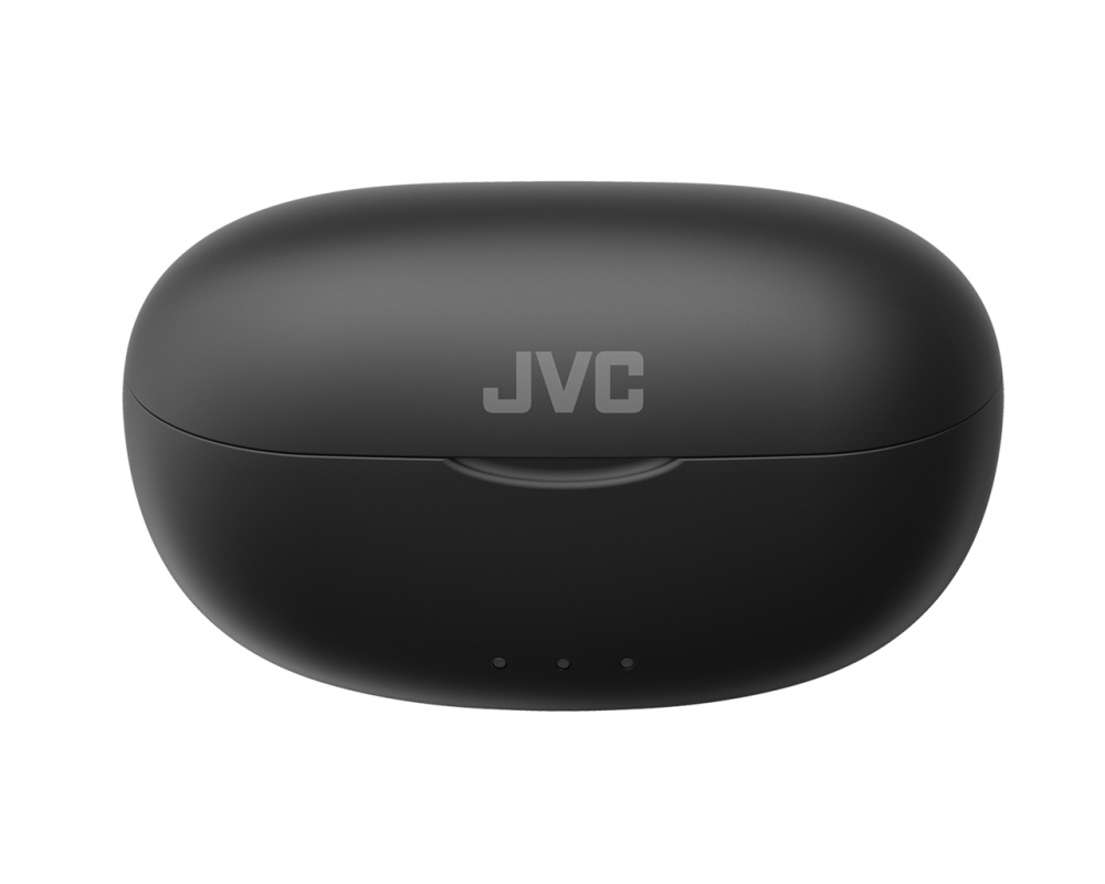 Svart, rundet laddningsfodral med JVC-logga för trådlösa in-ear hörlurar.