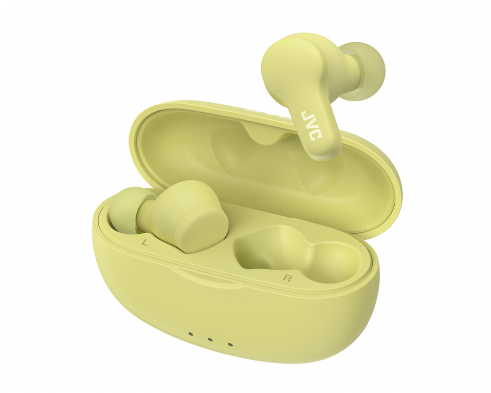 Trådlösa in-ear hörlurar i grön färg, förvarade i ett matchande etui.