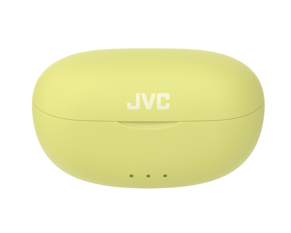 Gröna trådlösa in-ear hörlurar i ett vitt fodral med JVC-logotyp.